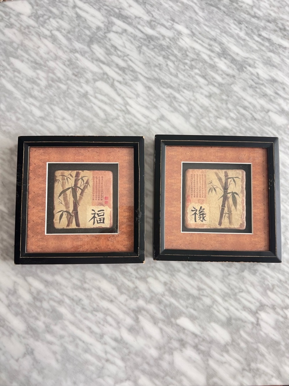 Vintage Bamboo Art Tiles in Frames Set of 2
